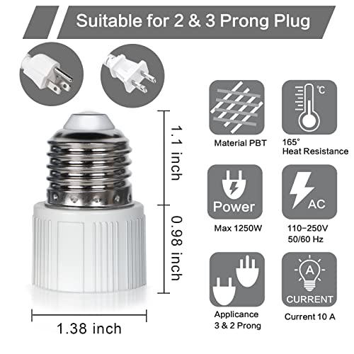 2 Pack 3 Prong Light Socket To Plug Adapter, Light Socket Outlet, E26 Light Socket Adapter, Fcc Listed Polarized Light Bulb Converter Socket Outdoor Heat-Resistant For Patio Garage Utility Rooms #TOP1