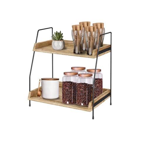 2 Tier Coffee Station Organizer for Countertop Coffee Bar Accessories and Organizer, Wooden Kitchen Counter Shelf Coffee Condiment Storage for Bathroom, Kitchen, Coffee Bar, Holiday Decorations