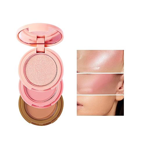 Paleta de Iluminador de 3 Colores, 3 en 1 Kit de Colorete e Lluminador, Paleta de Polvos Compactos de Maquillaje 3 en 1 con Brillo, Paleta de Colorete, Polvo de Rubor Facial con Brillo Brillante,#2