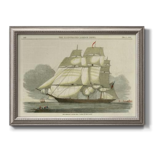 Vintage Wall Art Antique Clipper Ship Painting Modern Abstract Home Décor Artwork Silvery Framed Canvas Prints Wall Decorations for Bedroom and Bathroom 28x40 Inch LS005