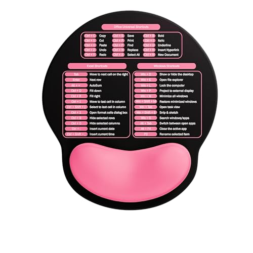 Excel Mouse Pad with Wrist Rest, Small Excel Cheat Sheet Desk Pad with Windows/Office Shortcuts, Ergonomic Mousepad with Wrist Support, Office Desk Mat for Computer (Black Pink)