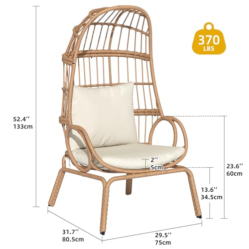 DWVO Narrow Egg Chair Wicker, Patio Rattan Basket Chair with 370lbs Capacity Outdoor Indoor Egg Chairs with Stand & Cushion Cocoon for Bedroom, Patio, Balcony, Beige