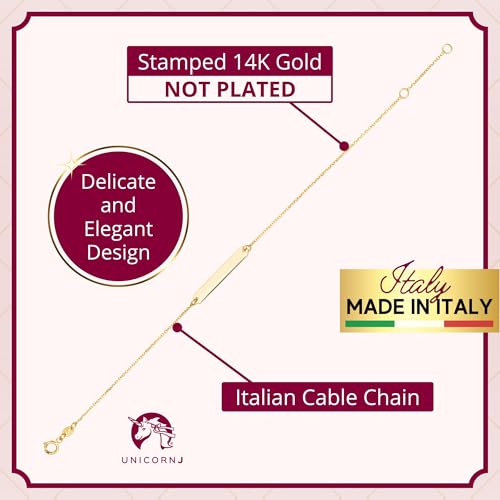 Image of UNICORNJ 14K Yellow Gold Engravable Personalized Bar Pendant Necklace or Bracelet Polished Shiny on Cable Chain Italy