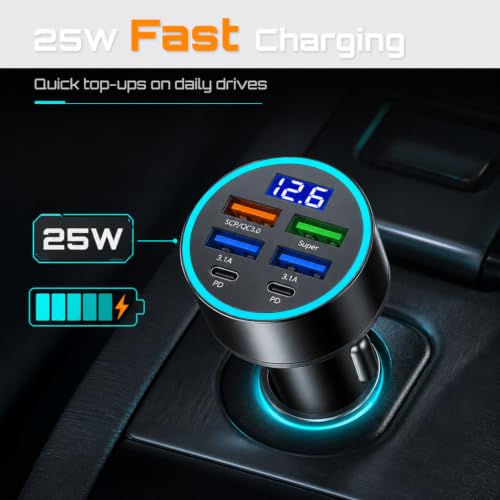 Image of DRIMZ 6 Port Fast Car Charger | 4 USB + 2 Type-C Car Charger Adapter with Digital Voltage Display | 25W Fast Charging Car Mobile Charger for iPhone & All 12V /24V Vehicles