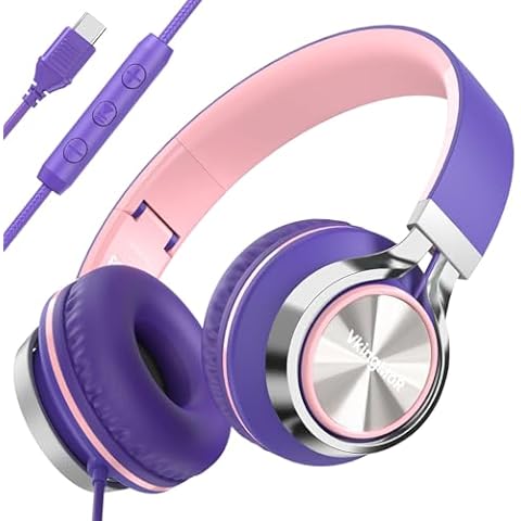 VkingMoR Wired Headphones with Mic & Volume Control — （Upgraded） Type-C Wired Headphones, On-Ear Headphones with Wire, Plug in Headphones for Laptop, Wired Headphone Over Ear Purple/Pink Cover