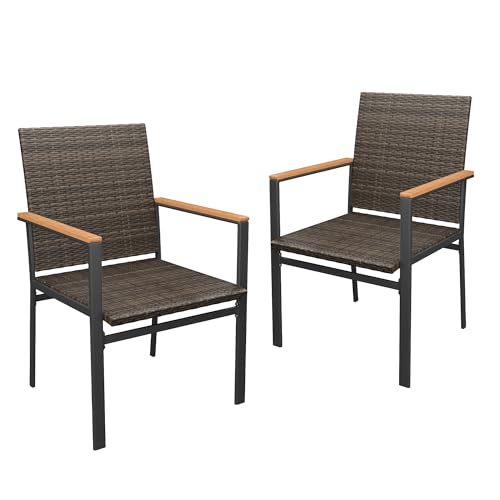 Image of VICLLAX Patio Dining Chairs Set of 2, Premium All-Weather Outdoor Wicker Chair with Sturdy Iron Frame and Wood Pads Stylish Patio Seating, Brown Rattan