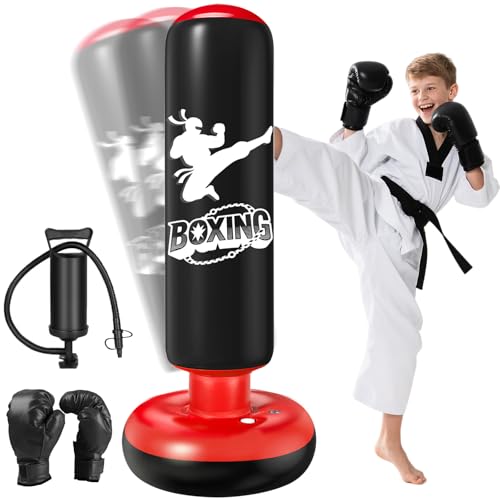 Qoosea Saco de Boxeo Niños 6-12 Años, 160cm Saco de Boxeo de Pie con Bomba de Aire y Guantes de Boxeo, Bolsa de Boxeo Inflable Estable para Karate, Kickboxing, MMA, Regalo Ideal para Niños y Niñas
