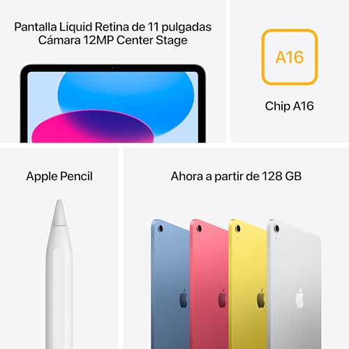 Apple iPad de 11 Pulgadas: Chip A16, Modelo de 11 Pulgadas, Pantalla Liquid Retina, 128 GB, Wi Fi 6, cámaras Frontal y Trasera de 12 Mpx, Touch ID, autonomía para un día Entero – Plata