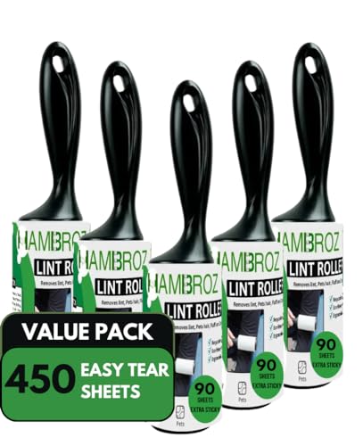 HAMBROZ Lint Roller Value Pack OF 5 All Purpose Lint brush with Extra Sticky Sheets (5 Rollers 90 Sheets Per Roller) Total 450 Sheets Kitchen Clothing Furniture and Pet hair Remover
