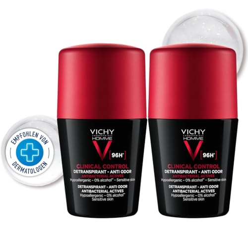 Vichy Homme Clinical Control 96h Männer, Deo-Roll-on für Männer, Schweiß- und geruchshemmend, Antibakteriell, Hypoallergen, Alkoholfrei, Für empfindliche Haut, 2x50 ml