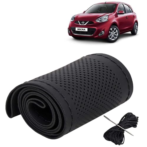 Image of KINGSWAY PU Leatherite Car Steering Cover Sewable Compatible with Nissan Micra (Year 2010 Onwards), Black Color with Black Thread, Pack of 1 with Sewing Needle and Thread