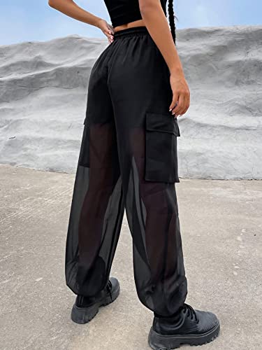 OYOANGLE Women's Mesh Sheer Drawstring Waist Flap Pocket Streetwear Jogger Cargo Pants2
