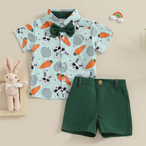 Image of Owl's-Yard Baby Boy Easter Outfits Rabbit Carrot Short Sleeve Button Down Shirts and Solid Color Shorts 2 Pcs Summer Set