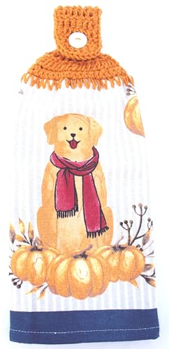 Golden Dog with Fall Pumpkins - Double Thick Crochet TOP Kitchen Towel (Fall Leaves)