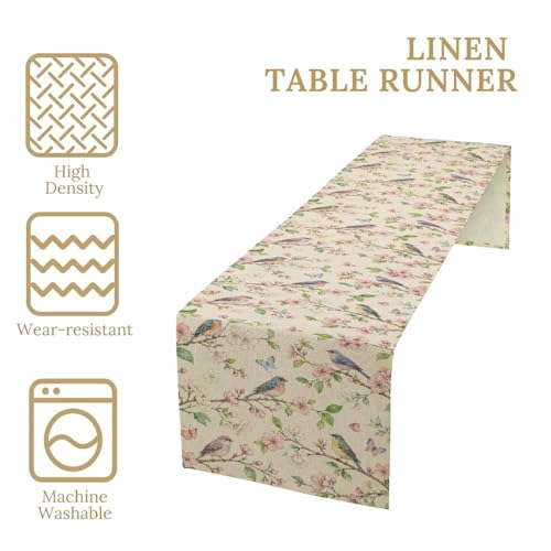 Image of Vintage Botanical Birds Table Runner, Watercolor Floral Bird Butterfly Linen, Spring Garden Dining Decor for French Country Kitchen 13x36 Inch
