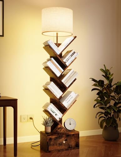 Yzosvki 9 Tier Tree Bookshelf with Light and Drawer, Floor Standing Bookshelf Storage Organizer for...
