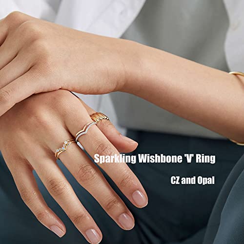Plomfov 14K Gold Plate Stacking Rings Set For Women V Opal Flower Cz Rings Simple Thumb Thin Stackable Rings Gold Statement Rings Plain Band Gold 7 #TOP1