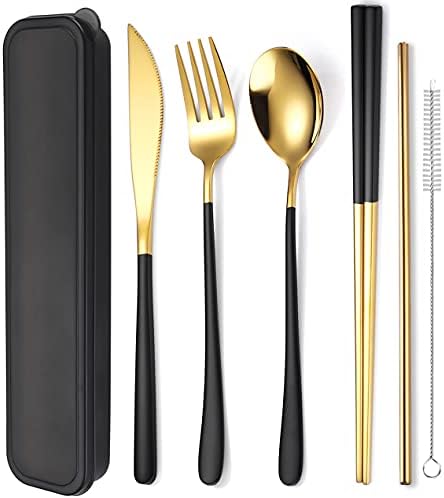 AARAINBOW 6 Pieces 18/8 Stainless Steel Flatware Set Portable Reusable Cutlery Set Travel Utensils Set Including Chopsticks Knife Fork Spoon Straws Cleaning Brush Dishwasher Safe (Black golden)