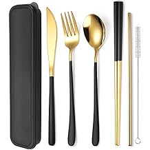 AARAINBOW 6 Pieces 18/8 Stainless Steel Flatware Set Portable Reusable Cutlery Set Travel Utensils Set Including Chopsticks Knife Fork Spoon Straws Cleaning Brush Dishwasher Safe Black golden