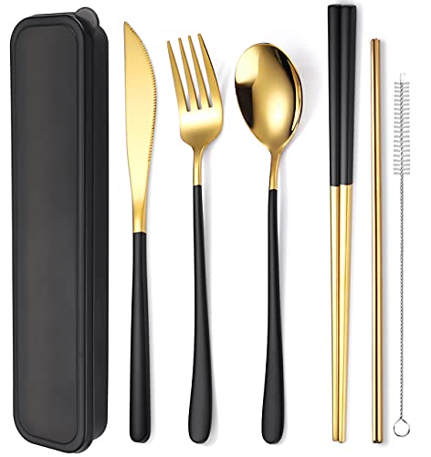 Aarainbow 6 Pieces 18/8 Stainless Steel Flatware Set Portable Reusable Cutlery Set Travel Utensils Set Including Chopsticks Knife Fork Spoon Straws Cleaning Brush Dishwasher Safe (Black Golden) #TOP7