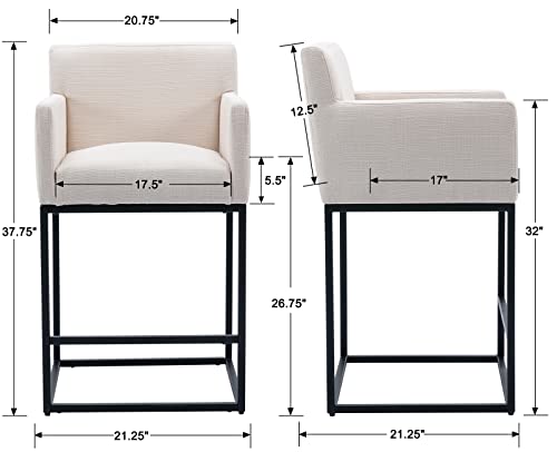 Image of Modern Counter Height Bar Stools Set of 2, Linen Fabric Upholstered Bar Stools with Backs, 26 Inch Kitchen Island Stools with Black Metal Frame, Cream