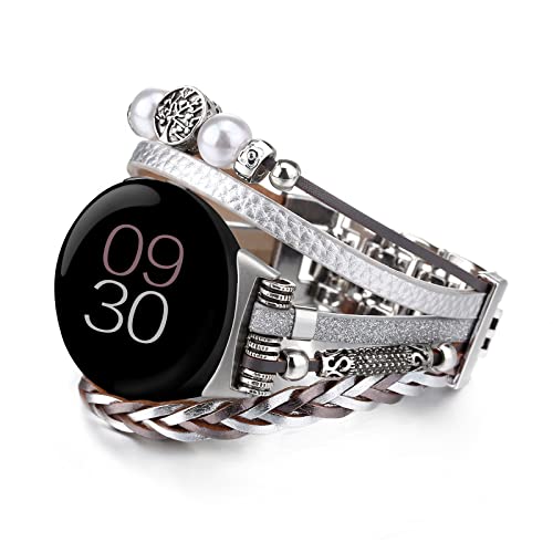 Fivoilin Boho Leather Wrap Band Compatible with Google Pixel Watch 2 (2023)/ Pixel Watch 2022, Posh Leather Bracelet Jewelry Watch Strap Wristband for Women Men, Silver