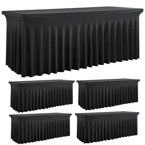 Image of Outpain Black Spandex Tablecloth for 8 Foot Rectangle Tables, 4 Pack Black Fitted Table Cloths 8ft Stretchy Banquet Table Clothes Cover Desk Skirt for Birthday Wedding Parties Baby Shower