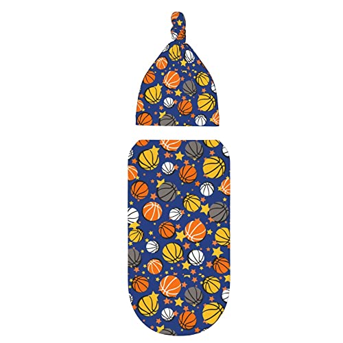 Image of Basketball Newborn Swaddle Blankets with Hat Sets Newborn Receiving Blanket for Boy Girl Swaddle Sack Shower Infant Gift