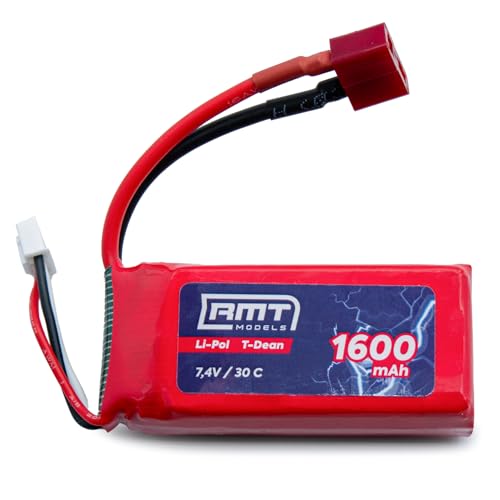 RMT Models Batería LiPo 7,4 V 1600 mAh | 2S 30C Softpack | Conector T‑Dean JST‑XH Balancer | 69 × 34 × 19 mm 90 g | Energía de repuesto | RC Auto Boot Crawler Truck Tanque Avión Drone Robot | Carga