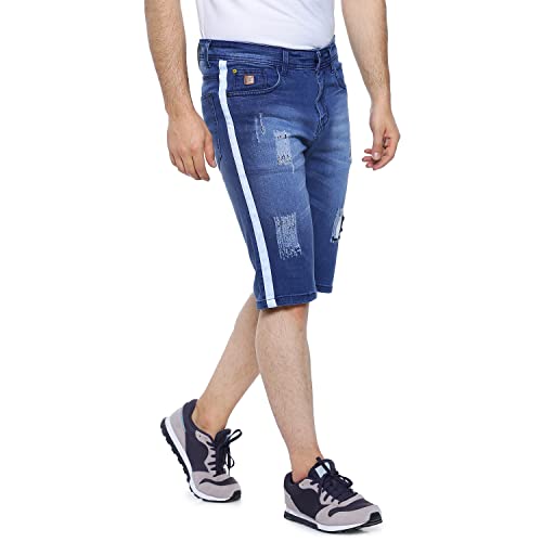 Image of CAHOOT Men's Solid Blue Distressed Denim Shorts Regular Fit for Casual Wear | Cotton Blend Fabric | Stretchable | Mid-Rise Shorts Crafted with Comfort Fit & High Performance for Everyday Wear