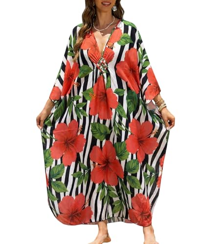 Image of Yanziliu Kaftan Dress for Women,Plus Size Hawaiian Batwing Sleeve Beach Cover Up Summer Swimsuit Dresses