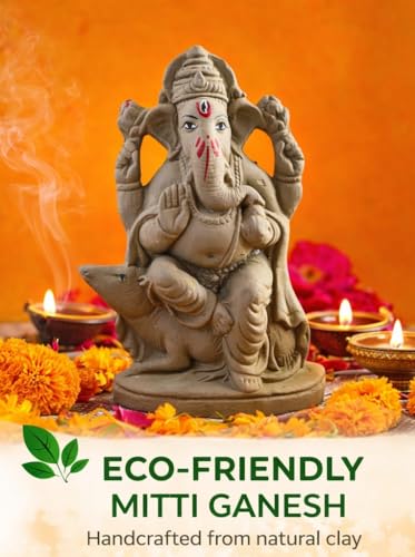Image of SAUDEEP INDIA 6 Inch Mitti Ganesh Idol | Eco-Friendly Handcrafted Mud /Clay Ganesh Murti | Ganpati Figurine for Visarjan | Biodegradable Mushak Ganesha Statue | Ganesh Chaturthi
