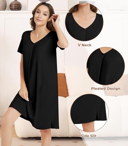 Image of NACHILA Nightgowns for Women-Viscose Made from Bamboo,Short Sleeve Nightshirts V Neck Sleep Shirt Loose Sleep Dress