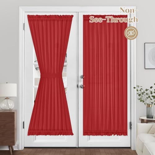 HOMEIDEAS Non-See-Through French Door Curtains Set of 2 for Front Door, Light Filtering Privacy Semi Sheer Window Curtains with Rod Pocket and Tie Back, Red, 54W X 72L Inch