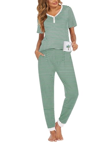 Image of Ekouaer Pajamas for Women Set 2 Piece Fall Lounge Sets Short Sleeve Pjs Joggers Long Pants Sleepwear with Pockets