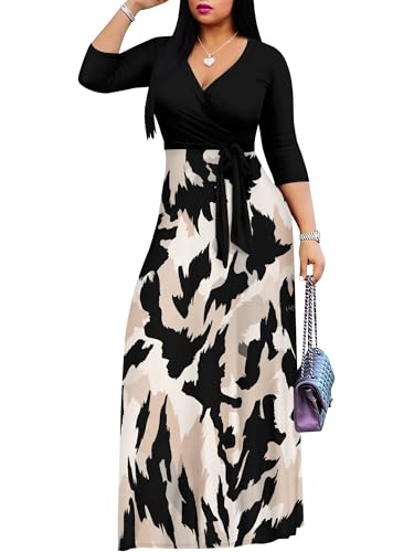 Image of PinkPatty Plus Size Dresses for Curvy Women V Neck Flowy Long Sleeves Wrap Maxi Dress Travel Vacation Outfits
