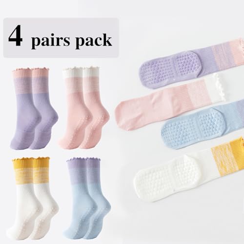 Image of 2 /4 Pairs Pilates Socks with Grips for Women,Cute Grippy Yoga Non Slip Ruffle Sock for Ballet Barre Barefoot Hospital Workout