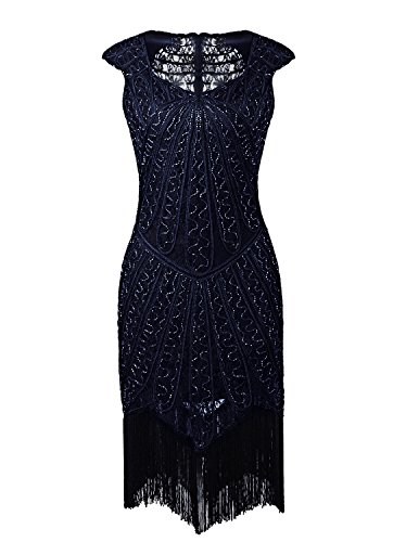 Vijiv Vintage 1920s Inspired Embellished Beaded Lace Cocktail Flapper Dress