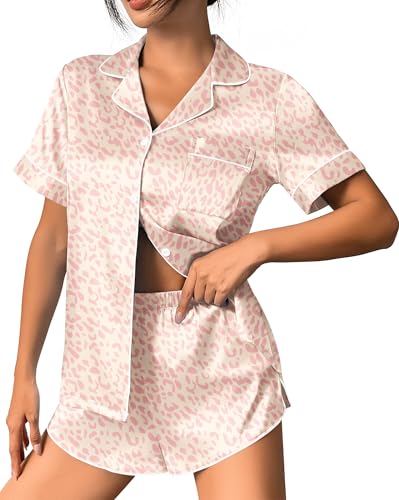 Image of Ekouaer Womens Silk Satin Pajama Set Print Short Sleeve Sleepwear Button Down Pjs Shorts Set Loungewear Apricot Leopard XXL