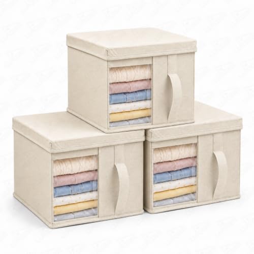 Image of Lukzer 3 PC Wardrobe Organizer for Clothes - 20 Litres Foldable Non-Woven Fabric Storage Box /Basket with Handles and Lid | Multipurpose Organizer for Almirah, Cupboard, Jeans & Sweaters - Beige