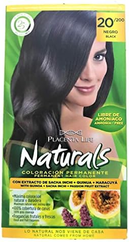 Placenta Life Naturals Permanent Hair Color with Quinoa + Sacha Inchi + Passion Fruit Extract - Ammonia Free - 100% Gray Coverage - Fresh and Fruit Fragances (20/200 Black)
