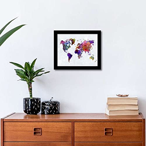 Wieco Art Colorful Vintage World Map With Black Picture Frame And Real Glass Made To Display Pictures Or Photos 5X7 With Mat Or 8X10 Without Mat #TOP1