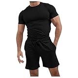 Herren Zweiteiliger Sommer Set Herren Sommer einfarbige Kurzarm Shorts Anzug Gym Training Angenehm Freizeitshorts Kurze Sommer Hose Outdoor Sport Zweiteiliger
