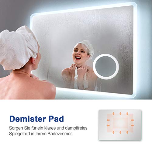 Meykoers Wandspiegel, badkamerspiegel, LED-badkamerspiegel met verlichting, 90 x 70 cm, spiegel met vergroting, touch-schakelaar, klok, anti-condens, lichtspiegel, koudwit 6400 K - Image 4