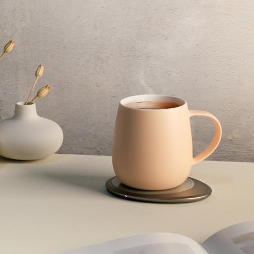 Image of Ui 3 Self-Heating Mug Set - Rosy Apricot | 12 fl oz / 355 mL Ceramic Coffee & Tea Mug Set with Heating Pad