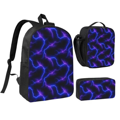 Multipurpose Backpack Set, 3pc Combo with Insulated Food Bag & Pencil Organizer (Unisex for Office Workers/Travelers/Camping, Cool Purple Blue Lightning Pattern)