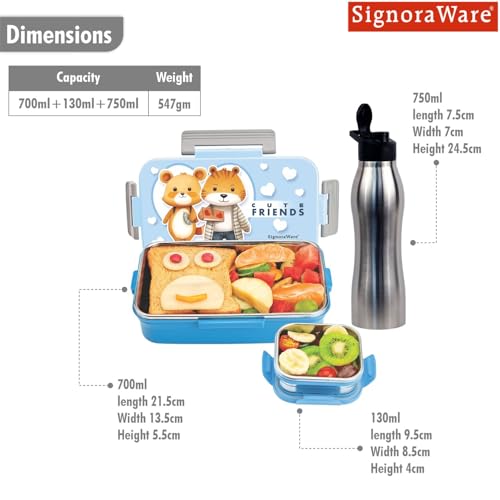 Image of Signoraware Delight C Nugget Stainless Steel Printed Lunch Box Set for Kids | Airtight Lid With Clip Lock | Compact & Sleek Size | Great for Picnic & Outdoors (700ml + 130ml + 750ml Bottle | SkyBlue)