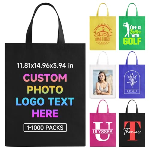 WACAR Bolsas personalizadas a granel de 10/50/100/500/1000, artículos promocionales con tu logotipo, bolsas de compras personalizadas, bolsas reutilizables con asas de 15 x 12 x 4 pulgadas, 6 colores