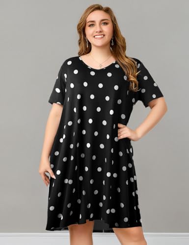 Image of OVERWORETY Womens Short Sleeve Plus Size T-Shirt Dress V Neck Casual Loose Swing A-Line Summer Tunic Dresses with Pockets