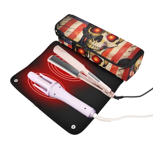 Bolsa de viaje para herramientas de cabello con tapete resistente al calor removible, estuche de transporte de doble capa para planchas, rizadores y secadores de pelo, con diseño de bandera USA y calavera patriótica miniatura 2
